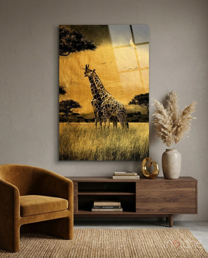 Golden Grassland Acacia Giraffe Pair Glass Wall Art