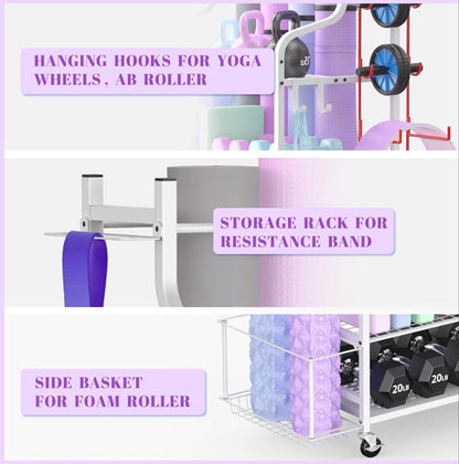 Mythinglogic Yoga Mat Storage Racks, Home Gym Storage Rack for Dumbbells Kettlebells Foam Roller, Yoga Strap and Resistance Bands, Workout Equipment Storage Organizer With Hooks and Wheels