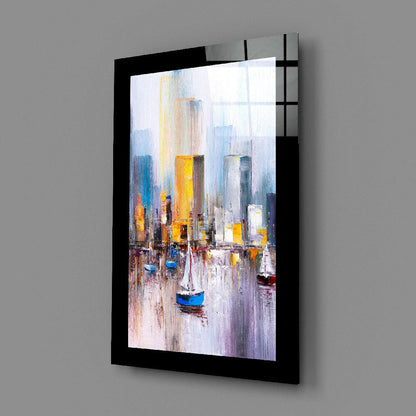 Amber Skyline Sailboats Palette Knife Glass Wall Art