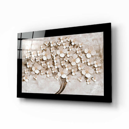 White Petal Tree On Stone Wall Tree of Life Glass Wall Art