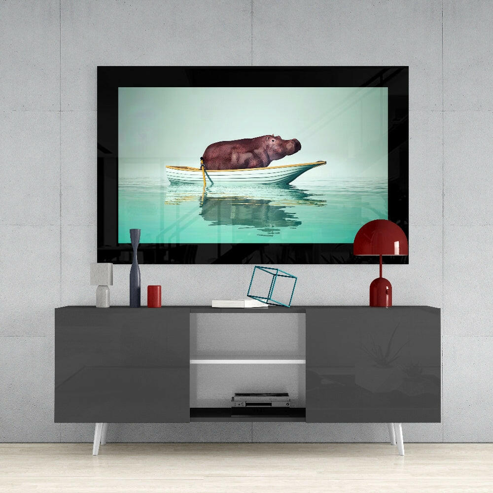 Hippo in Rowboat on Turquoise Sea Glass Wall Art