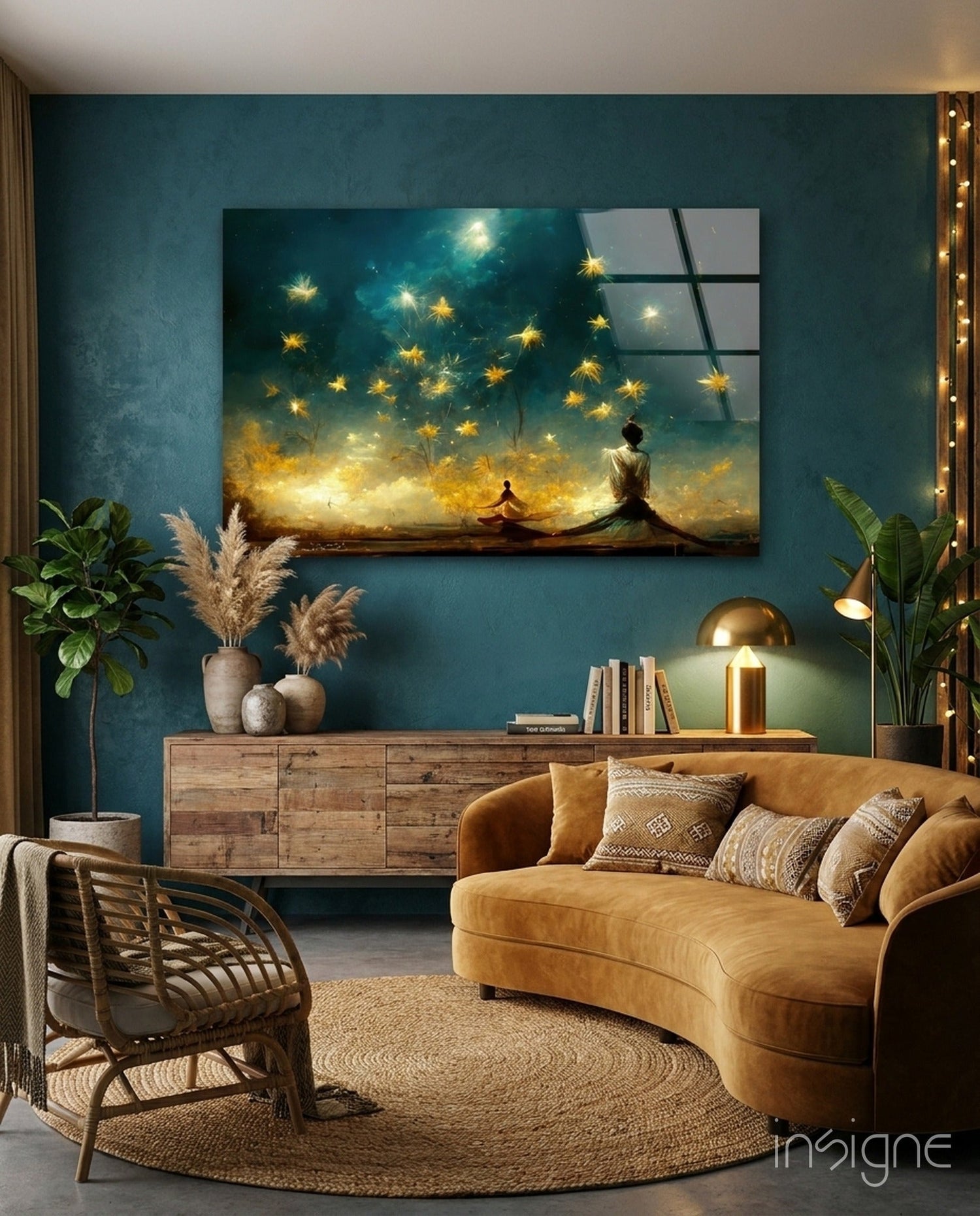 Meditation Falling Stars Teal Glass Wall Art