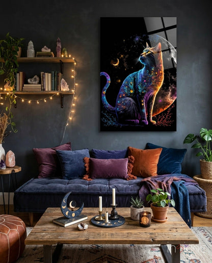 Jeweled Cat Under Crescent and Full Moon Glass Wall Art