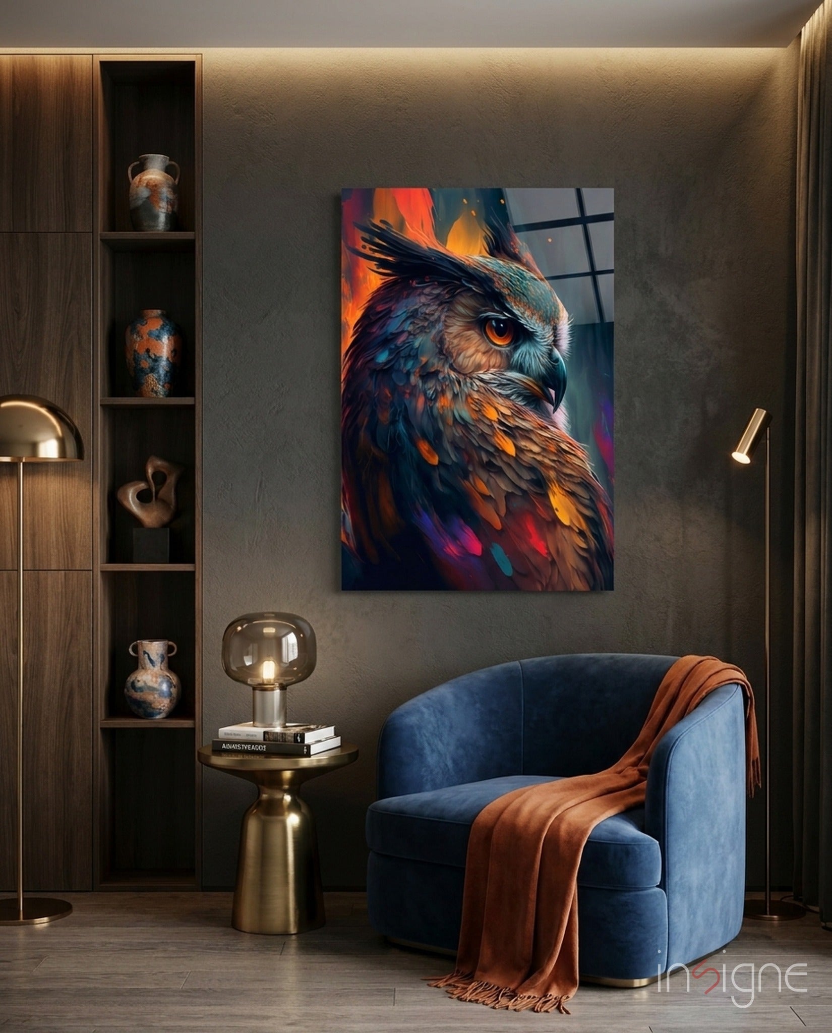 Teal and Orange Owl Side Profile Glass Wall Art