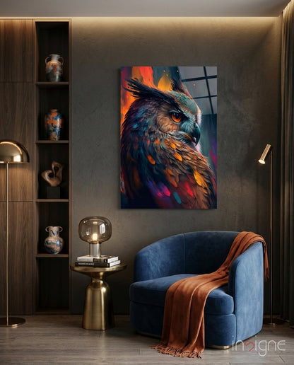 Teal and Orange Owl Side Profile Glass Wall Art