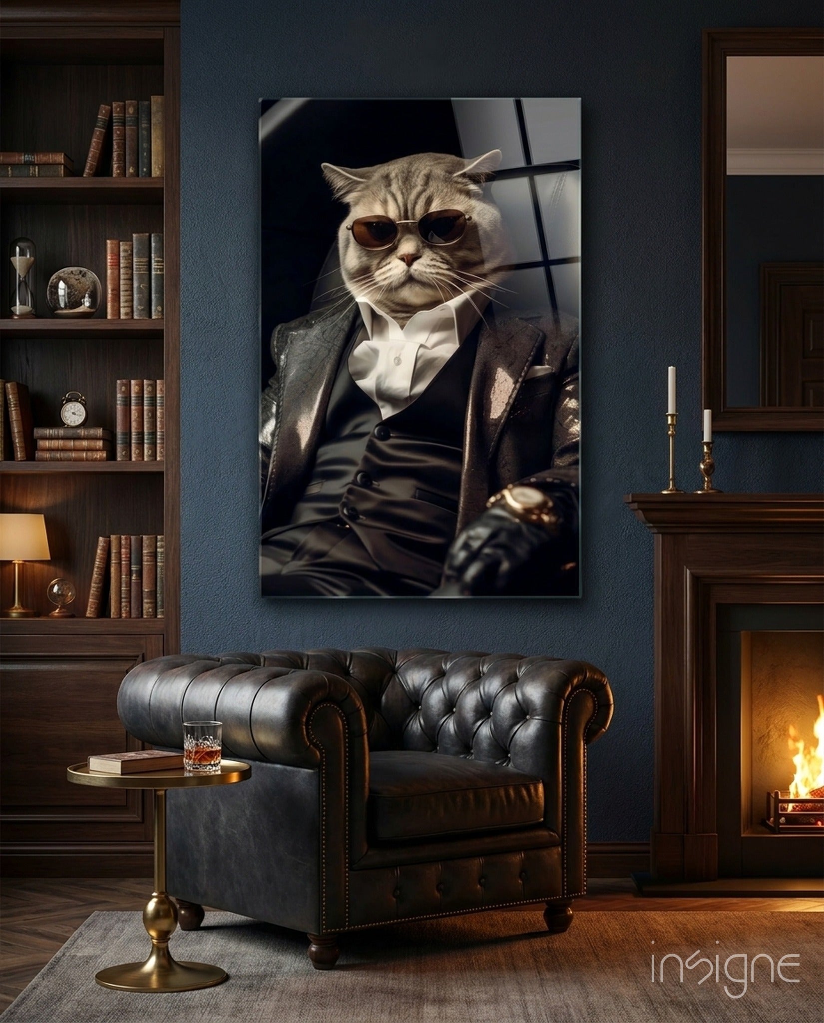 Sunglasses Cat In Black Suit Glass Wall Art