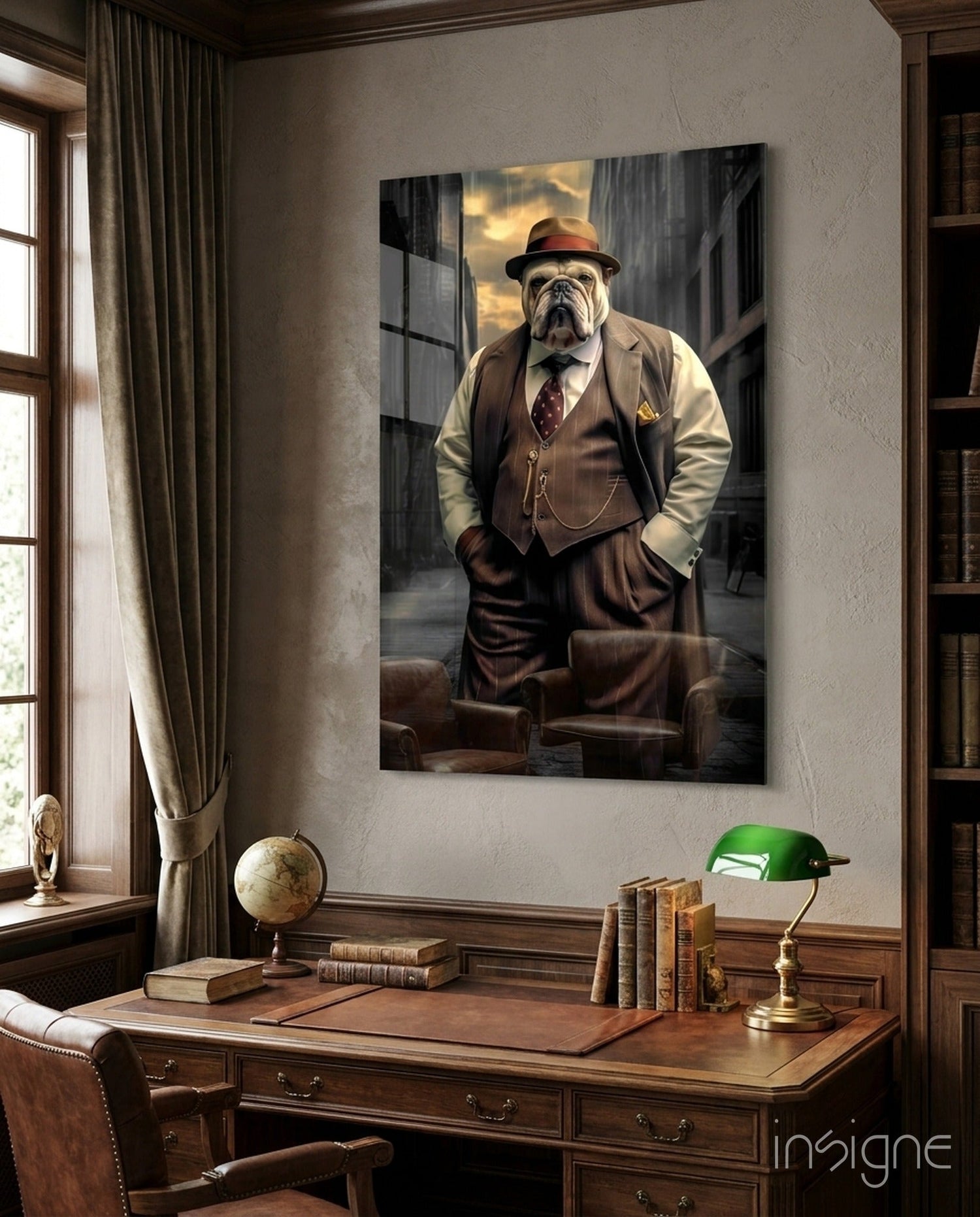 Bulldog In Brown Suit And Fedora Glass Wall Art