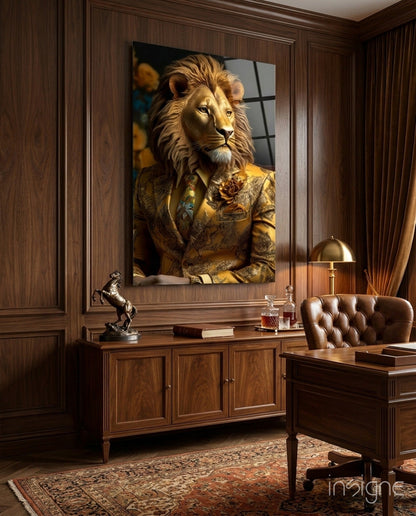 Lion In Gold Brocade Jacket Glass Wall Art