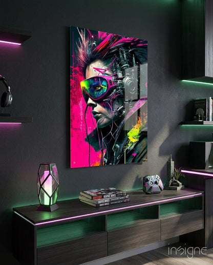 Cyber Woman in Neon Pink Visor Glass Wall Art