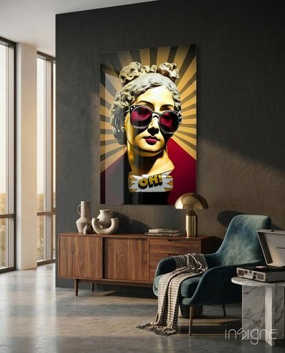 Golden Statue Head Sunburst Rays Glass Wall Art