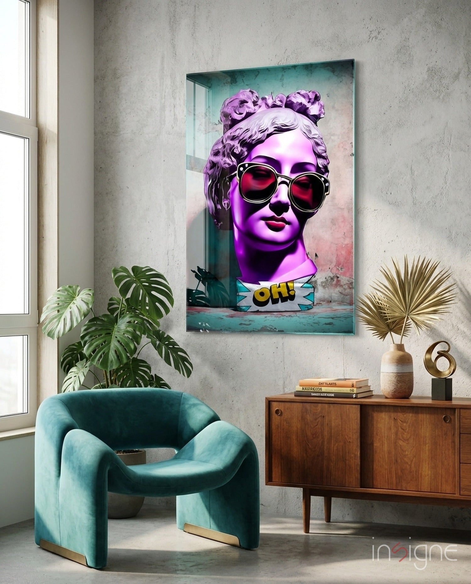 Purple Statue Head Mint Wall Glass Wall Art