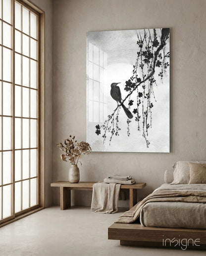 Black and White Bird on Blossom Branch Glass Wall Art