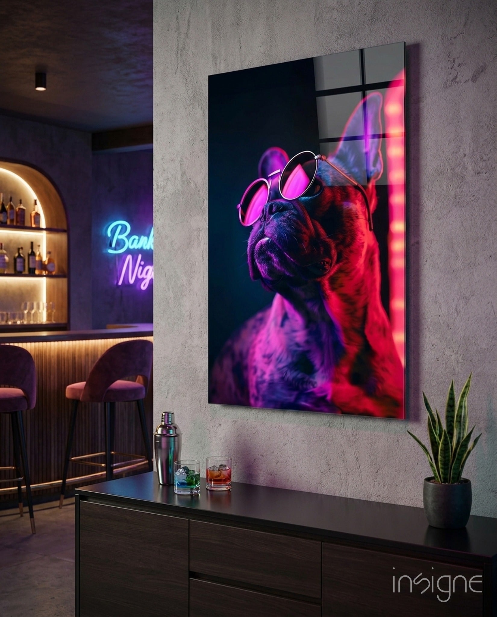 Red Neon Bulldog Round Frames Dog with Glasses Glass Wall Art