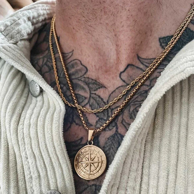 Gold Compass Necklaces,Vintage Viking North Star Anchor Medal
