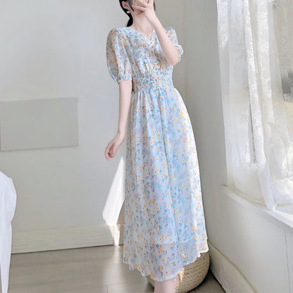 V-neck Chiffon Floral Dress Women Spring Summer Fairy Long Dresses Female