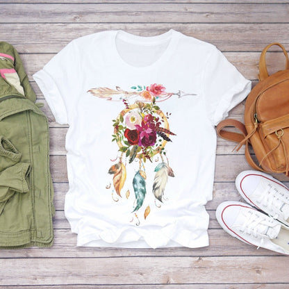 Dream Feather Print Summer Short Sleeve T-Shirts Top Graphic Plue Size