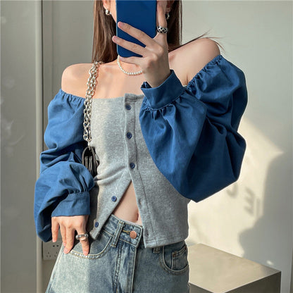 Patchwork Denim Shirts Women French Square Collar Puff Blouses Long Sleeve Crop Tops