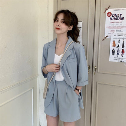 Blazer Set Women Korean Fashion Thin Jackets Casual Loose Shorts Two Piece Suits Female
