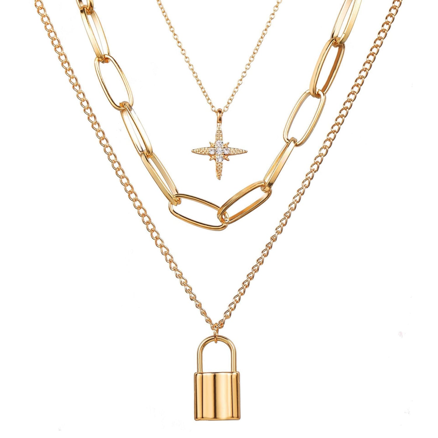 Multi Layer Lock Portrait Pendants Necklaces For Women Gold Metal Key Heart Necklace