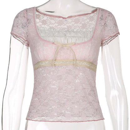 Trim Crop Top Bow Cute Sweet T Shirt Women Retro Short Sleeve Lace Patched Tshirt