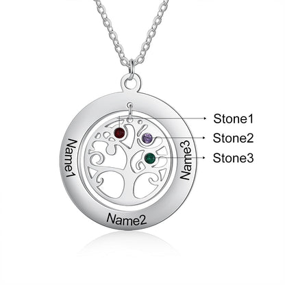 Tree of Life Name Necklace with Birthstone Name Engraved Pendant Family