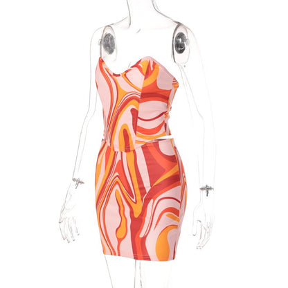 Print Off Shoulder Sleeveless Colorful Crop Top Mini Dress 2 Pieces Suit