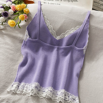 Lace Cami Y2k Tank Top Female V Neck Sleeveless Sexy Blouse Cropped Camisole Knitwear