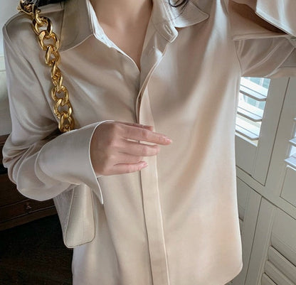 Full Sleeve Ladies Satin Blouses Blusas Single-breasted Loose Women Shirts