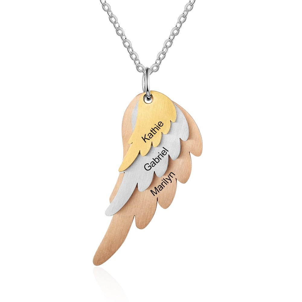 Wings Necklace with 3 Names Mixed Steel &amp; Rose Gold &amp; Gold Color Custom Family Necklace
