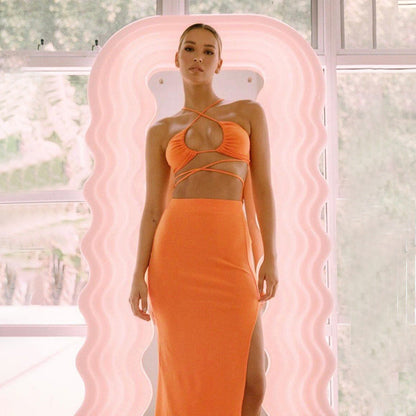 Cryptographic Bandage Cut Out Sexy Halter Neck Top and Skirts Set Gathered Elegant