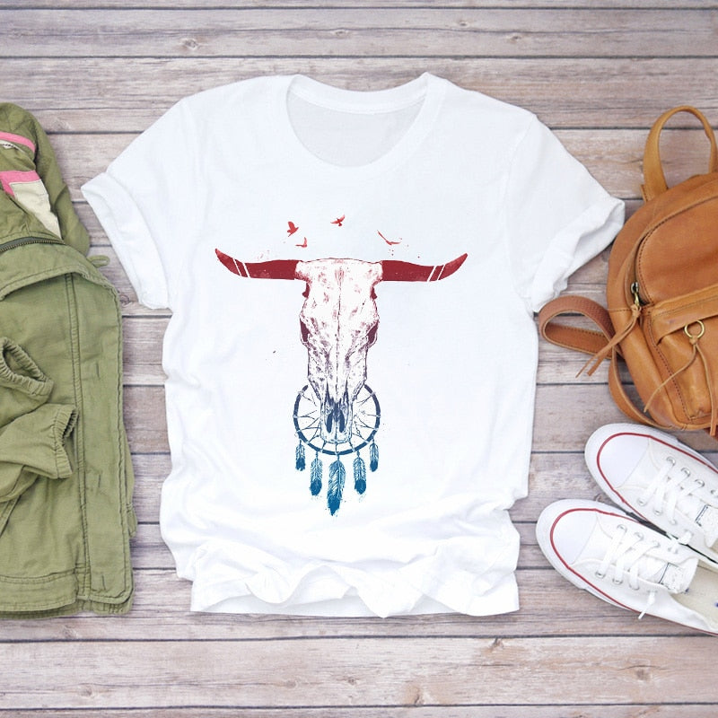 Dream Feather Print Summer Short Sleeve T-Shirts Top Graphic Plue Size