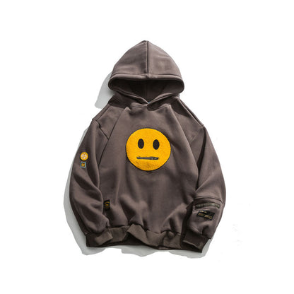 Zipper Pocket Smile Face Patchwork Fleece Hoodies Sweatshirts Streetwear
