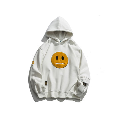 Zipper Pocket Smile Face Patchwork Fleece Hoodies Sweatshirts Streetwear