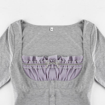 Sweet Cute Crop Top Lace Frill Bow Pullovers Vintage Square Collar T Shirt