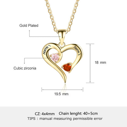 925 Sterling Silver Heart Necklace with 2 Birthstones Custom Engrave Name Pendant