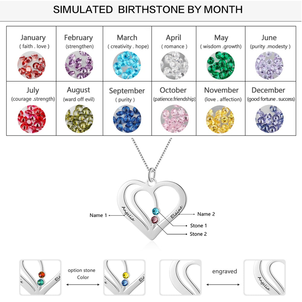 Personalized Birthstone Engraved Name Heart Necklaces &amp; Pendants
