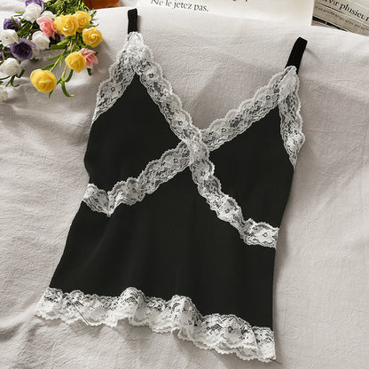 Lace Cami Y2k Tank Top Female V Neck Sleeveless Sexy Blouse Cropped Camisole Knitwear