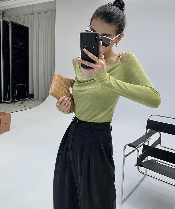 Sexy Swing Collar Cropped Tops Women Autumn  Metal Design Skinny Long Sleeve T-Shirt Outwear