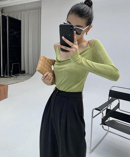 Sexy Swing Collar Cropped Tops Women Autumn  Metal Design Skinny Long Sleeve T-Shirt Outwear