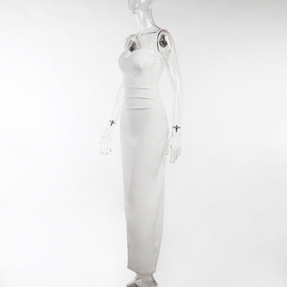 High Split Ankle-length Party Dresses Women Solid White Spaghetti Strap Dress Y2K