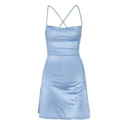 Women Satin Strap Mini Dress Lace Up Bandage Bodycon Backless Sexy Streetwear