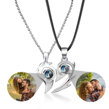 Flame Heart Shaped Custom Photo Projection Couples Necklaces