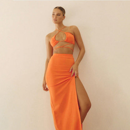 Cryptographic Bandage Cut Out Sexy Halter Neck Top and Skirts Set Gathered Elegant