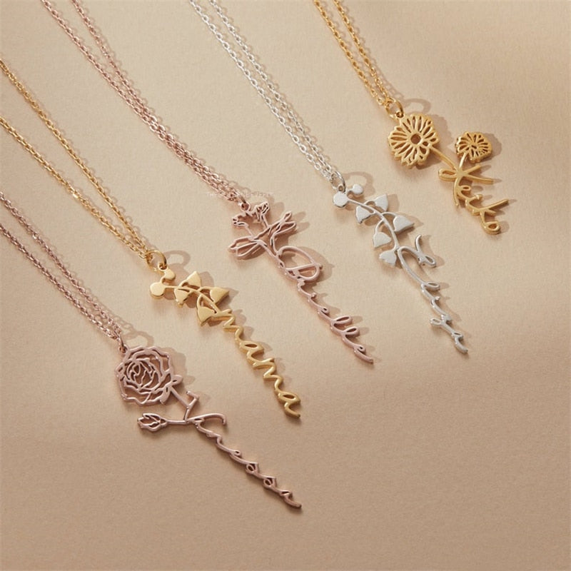 Custom Name Necklace Handwriting Style With Flower Personalized Name Jewelry