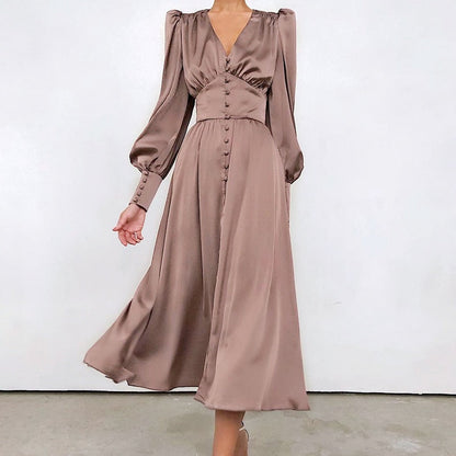 Single Breasted Dress High Waist Satin Long Dress V Neck Women Midi Dresses Lantern Sleeve