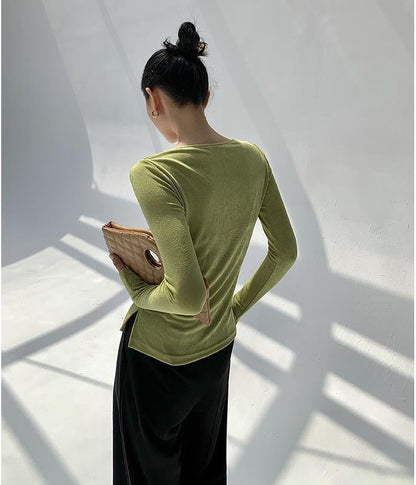 Sexy Swing Collar Cropped Tops Women Autumn  Metal Design Skinny Long Sleeve T-Shirt Outwear