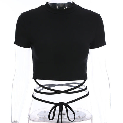 Summer Women Black Short T-Shirts Sexy Crop Tops Short Sleeve Bandage Tee Tops Female Shirts