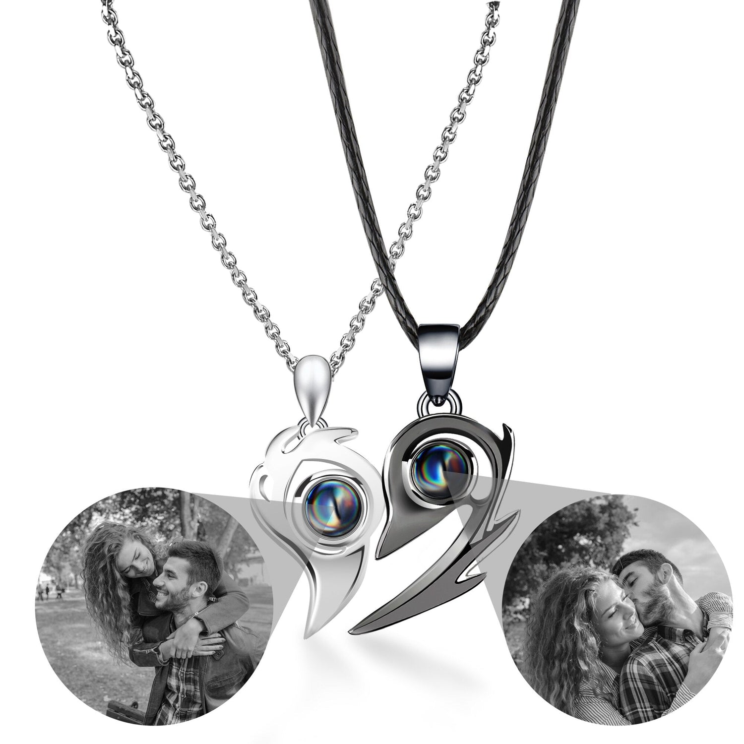 Flame Heart Shaped Custom Photo Projection Couples Necklaces