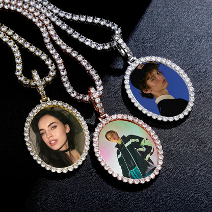 Custom Photo Pendant Oval Medal Pendant Ice Zircon Pendant Necklace Fashion Hip Hop Jewelry