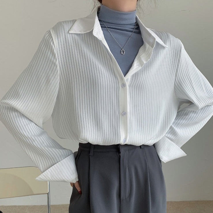 Office Ladies Striped Women Blouses Tops Full Sleeve Loose Shirts
